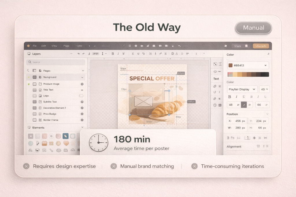 Traditional manual Instagram design process: time-consuming, expensive, inconsistent branding