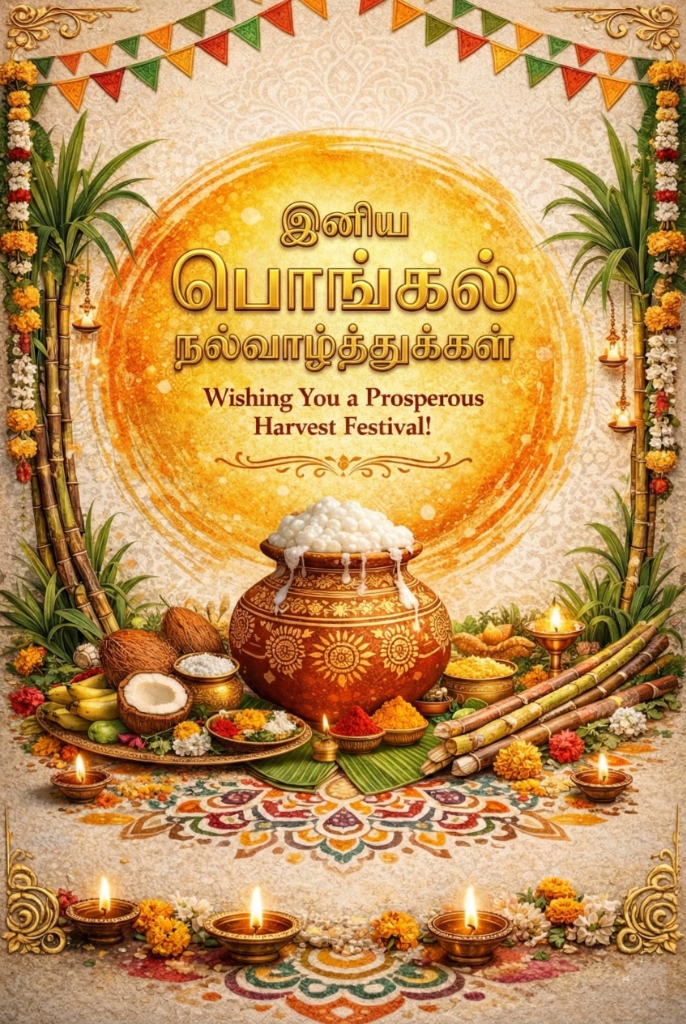 AI-created festival social media post for Pongal celebration with traditional branding